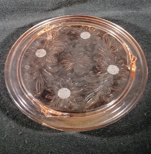 1930s Pink Depression Glass Cake Pie Plate Jeanette SUNFLOWER Footed Cake Stand