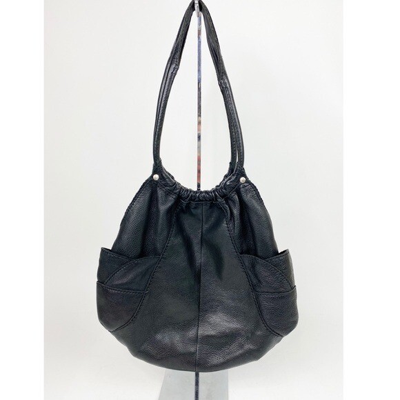 LUCKY BRAND Large Black Pebbled Leather Penny's Bag Whipstitch Hobo