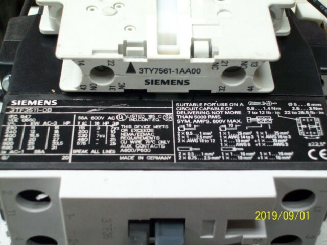 Siemens 3TF3511-0B 3TF35 Contactor 55A 600VAC 24VDC Coil W/ 3TY7561-1AA00 25HP