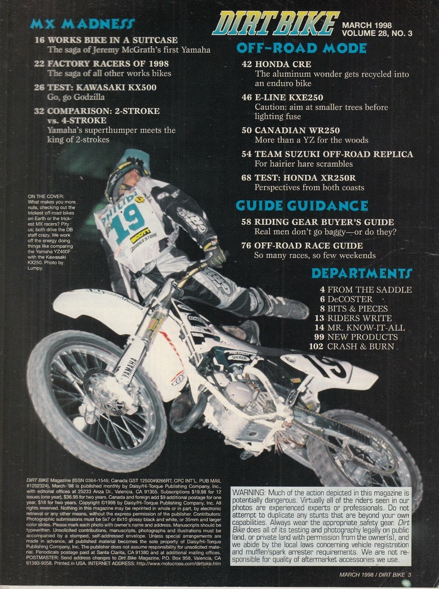 DIRT BIKE March 1998 – '98 Factory Works Bikes Off Road Hop