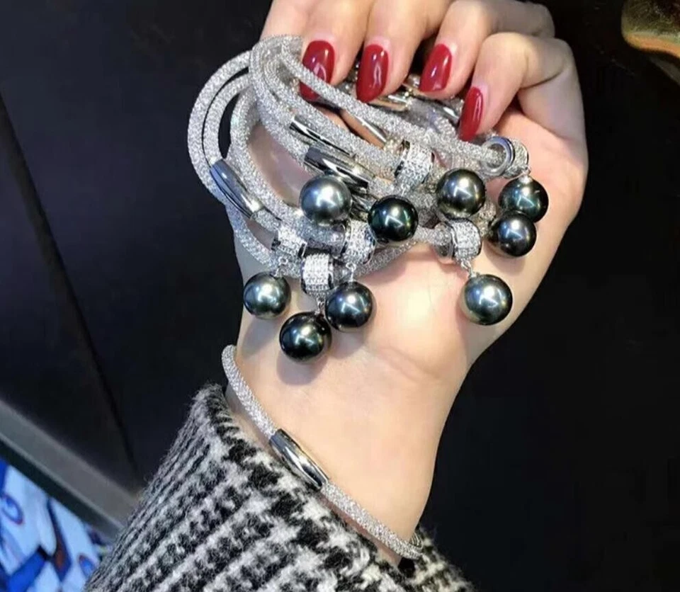 Gorgeous HUGE AAAAA 11-12mm south sea Black Green ROUND pearl Bracelet 925s - Image 4 of 4