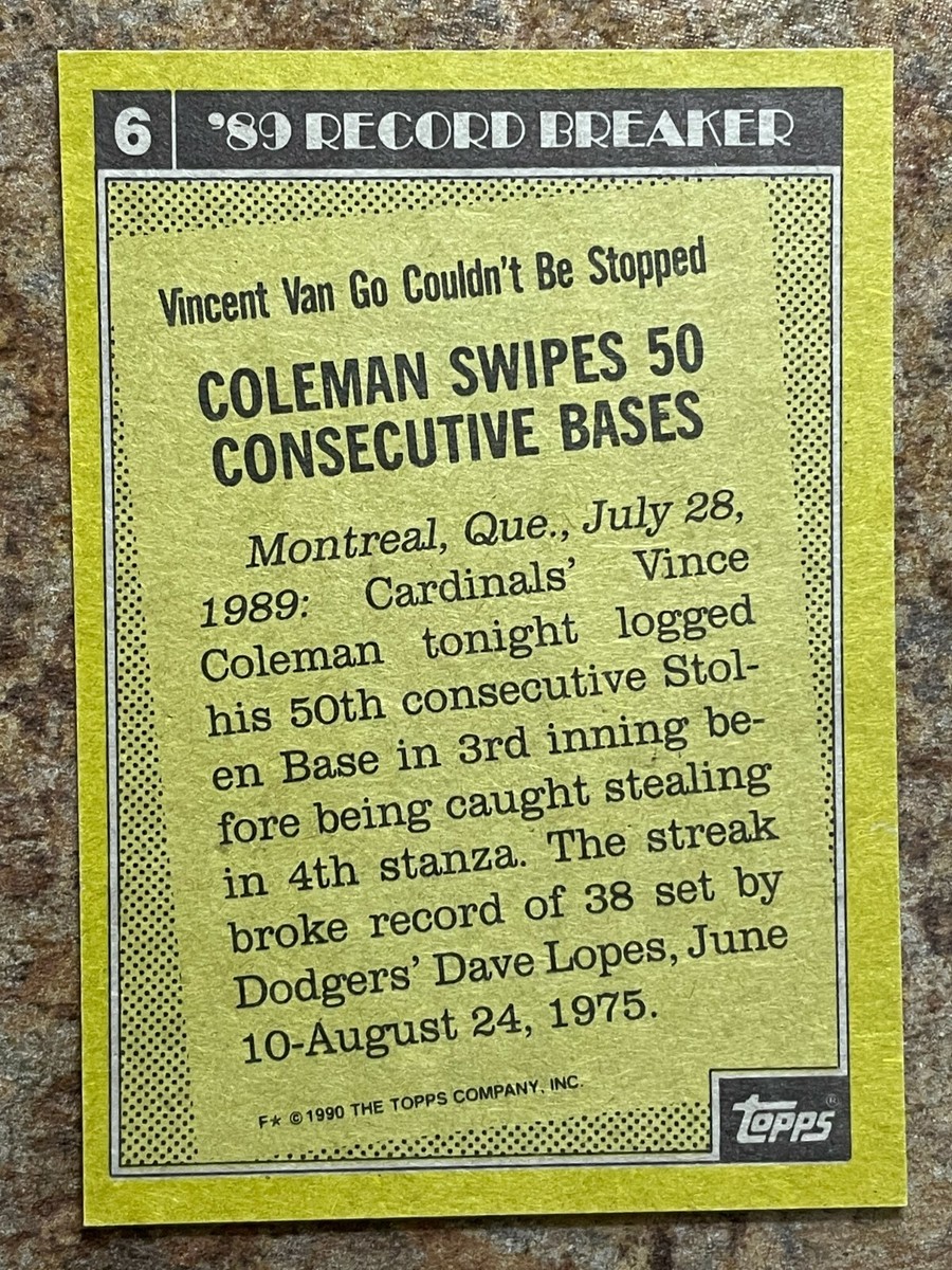 1990 Topps Record Breaker 1989 #6 Vince Coleman - St. Louis