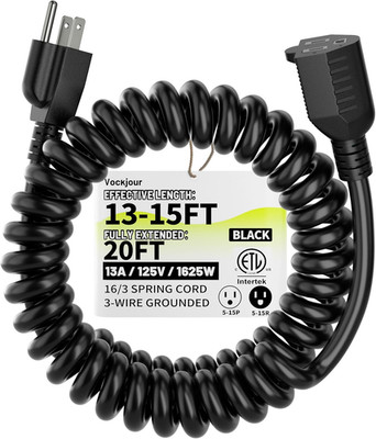 16AWG 15Ft Black Coiled Extension Cord, 3 Prong Flexible Spiral Power Cord for S