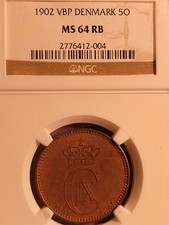 DENMARK 5 ORE 1902-VBP MS-64RB NGC SCARCE TOP POP-1/0