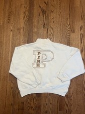 Victorias Secret Pink Sweatshirt Half Zip Huge On Back Logo Ivory Beige Size S