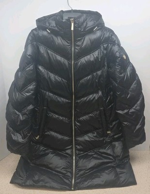 Michael Kors Black Down Puffer Jacket Women XL Hooded Quilted Gold Zip Coat