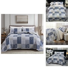 Cozyholy Navy Blue Gray King Size Quilt Set 3 Piece Quilted Set Patchwork Plaid