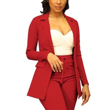 PINSV Women's Casual Blazer Open Front Long Sleeve Work Business Suit Red L