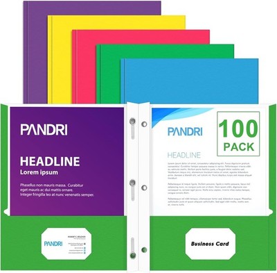 PANDRI 100ct 5 Color 2 Pocket 3 Prong Folder Assorted Pack