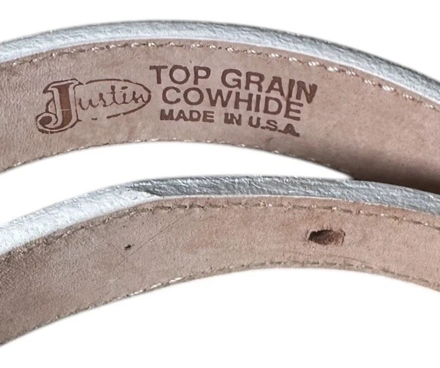 Fivela de cinto Justin White couro-prata Concho couro bovino tamanho 30 1992 VINTAGE 504WT - Imagem 3 de 4