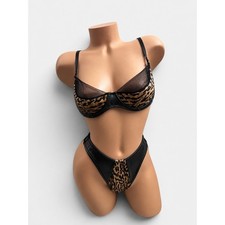 Fredericks of Hollywood Vintage Leopard Faux Leather Bra Thong Set 3pc 38 L