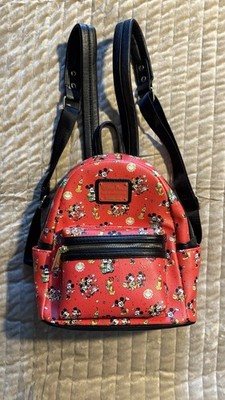 Loungefly Disney Mini Backpack Red/Black Mickey Minnie Pluto Donald Print