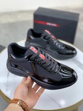 Men's Prada America's Cup Sneakers 4E3494 Black Patent Mesh Low Top Shoes