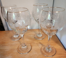 Gold Rim Wine Glasses with Winter Scene Etching