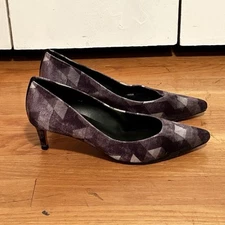 Vaneli Velvet Leather Kitten Heel Pumps Pointy Geometric Black Gray White Sz 7M