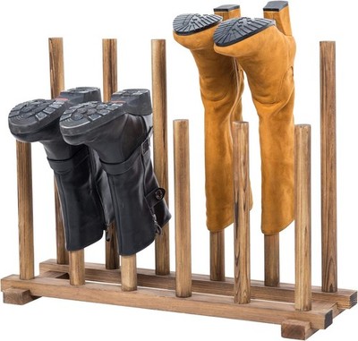 MyGift Rustic Burnt Brown Solid Wood Floor Standing Boot Holder Rack