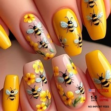 Coffin Press on Nails Yellow Fake Nails Spring Summer False Nails Color8 Medium