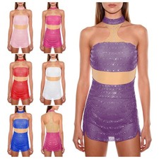 Womens Leotard Evening Dress Irregular Costume Color Block Rhinestone Party