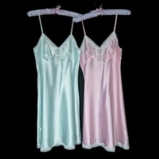 Vintage 2pc SATIN Slip Dress NIGHTGOWN Pastel PINK Slippery WET LOOK Lingerie M