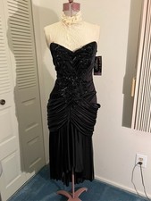 NEW-Unworn Vintage 80s black dress gown, sleeveless w beading on front. Size XS