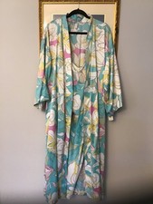 Natori Satin Long Kimono Robe / Slip Dress Nightgown Set XL Blue Floral - NWT