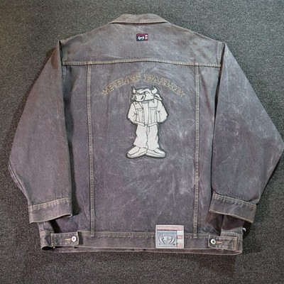 Phat Farm Mens 3XL Gray Denim Jacket Embroidered Y2k Vintage Hip Hop Rap Bull