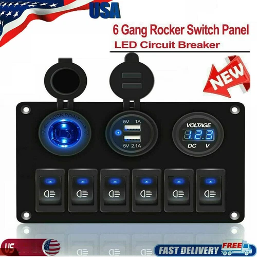 6 Gang Blue LED Toggle Rocker Switch Panel Dual USB for Car Boat Marine RV Truck - Picture 2 of 14
