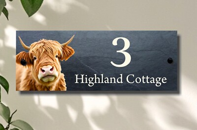Highland Cow High-Quality Natural Slate House Sign Street Name Number