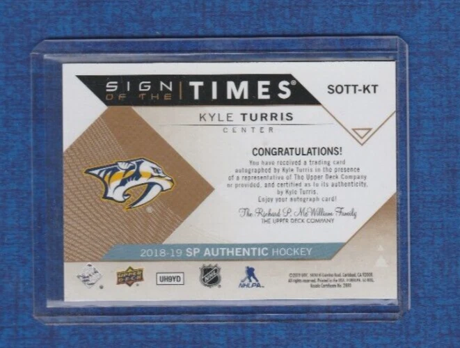 2018-19 SP Authentic Hockey Sign of the Times # SOTT-KT Kyle Turris Auto - Image 2 of 2