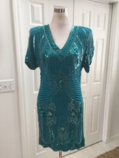 Vintage Lawrence Kazar Teal Blue Sequin Beaded Silk Dress M Fabulous