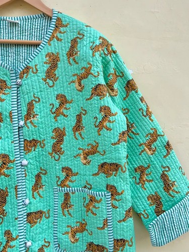 Green Quilted Cotton Printed Jacket Handmade Cotton Jacket Women's Clothing AU - Picture 4 of 9