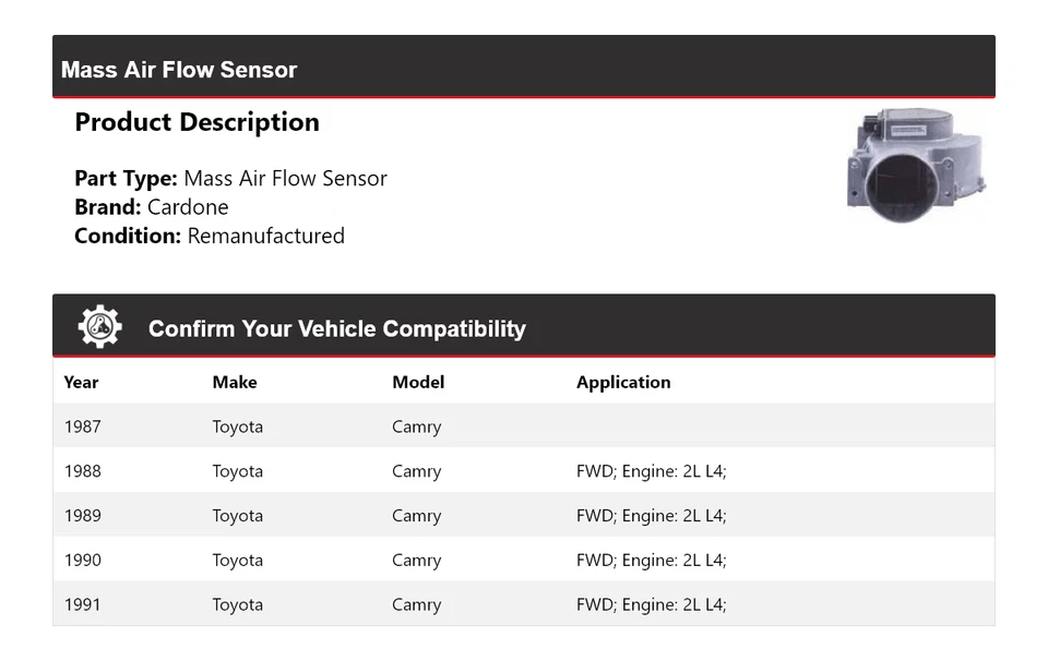 Sensor de flujo de aire masivo Cardone 1988 1989 1990 para Toyota Camry 1987-1991 Foto 2 de 4