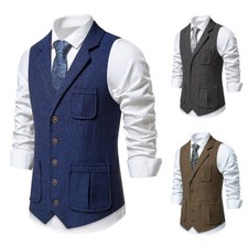 Retro Tweed Men's Dress Vest Notch Lapel Formal Business Solid Color Waistcoat