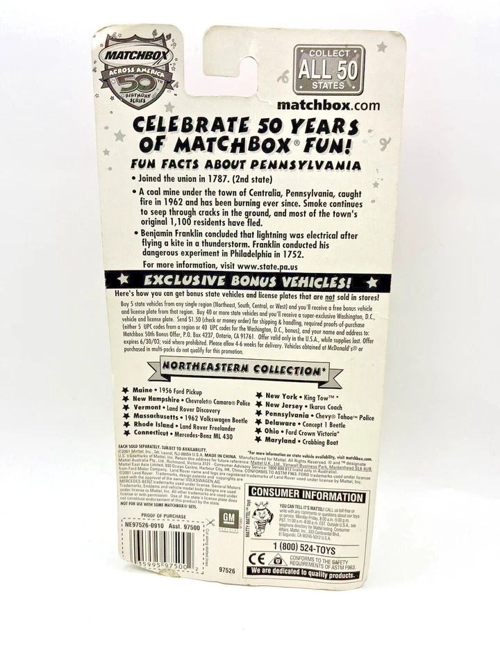 2001 MATCHBOX ACROSS AMERICA Pennsylvania Chevy Chevrolet Tahoe POLICE SUV BLUE - Image 2 of 2