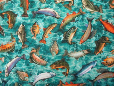 picture Fish Fabric Cotton fishing realistic fish sports green teal blue digitally printed cotton fabric fq 16542071873 ebay