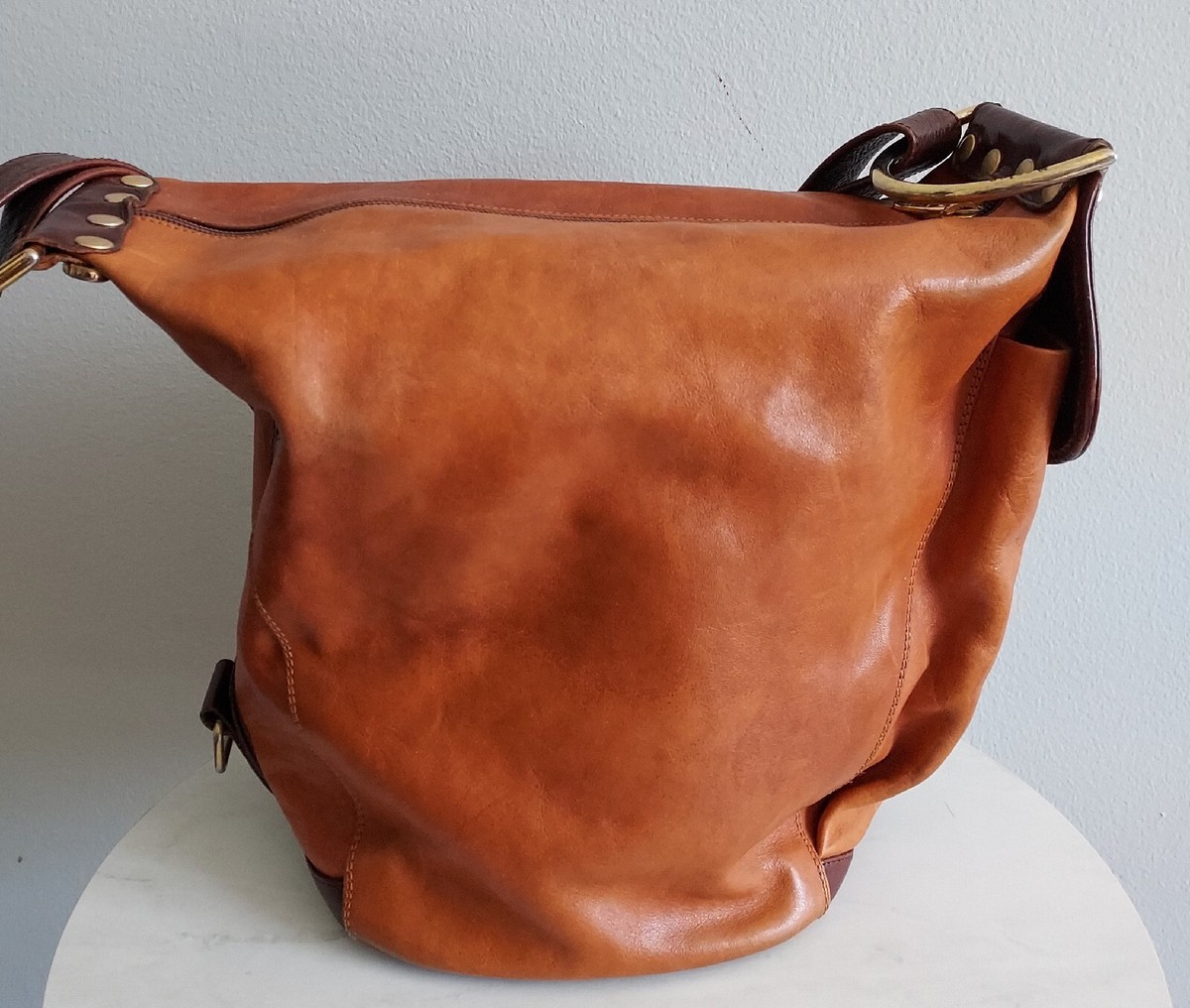Marino Orlandi Cognac Brown Italian Leather Shoulder Bucket Bag