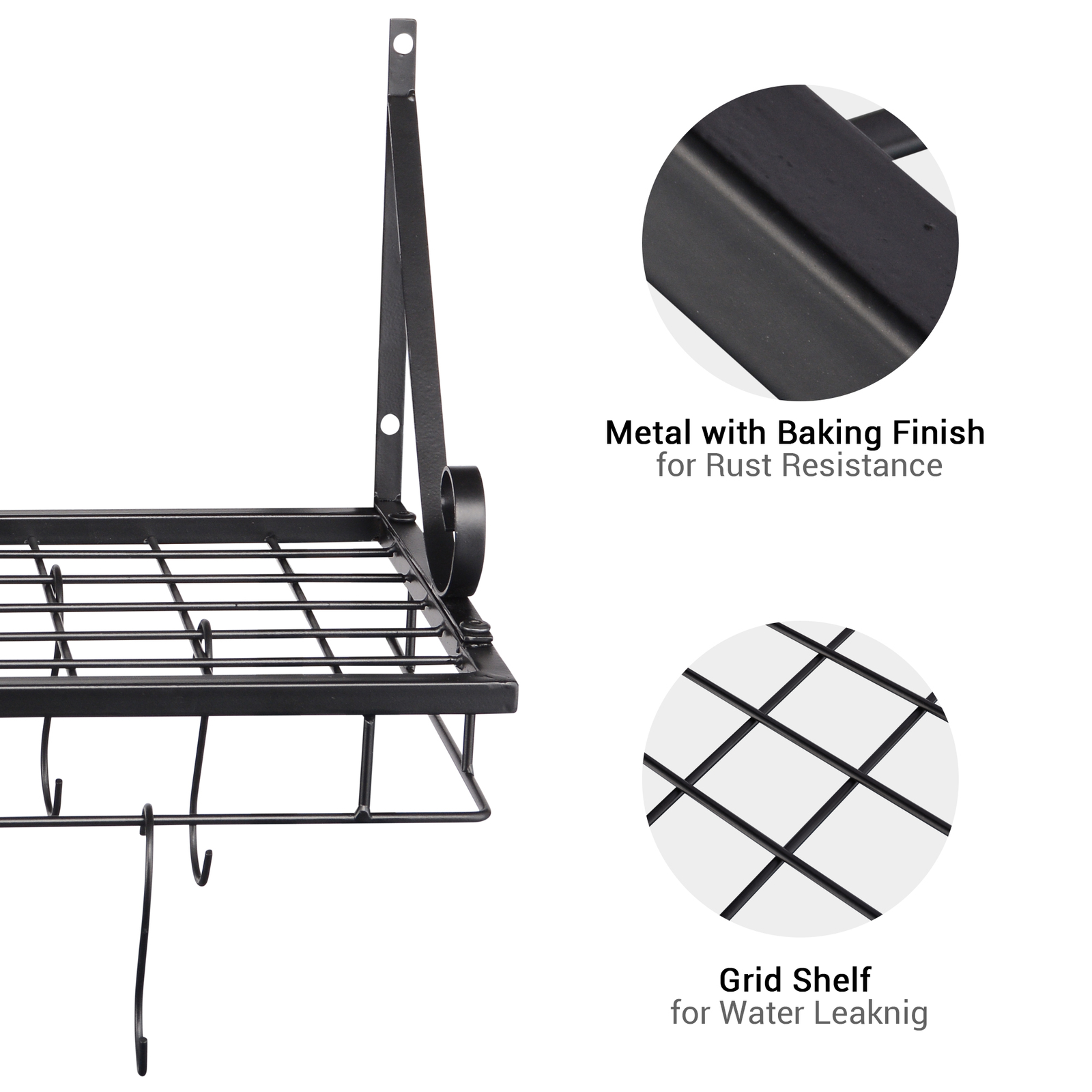 Wall Mount Pot Pan Hanging Rack Kitchen Cookware Storage Organizer Holder Black