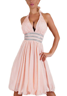 Marilyn Chiffon Kleid Strass Damen, Plisseekleid mit Halfterkragen 1183