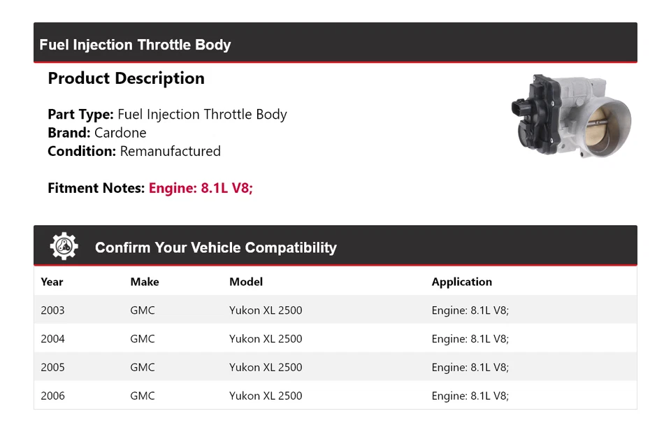 Carrocería de acelerador de inyección de combustible Cardone para GMC Yukon XL 2500 2003-2006 8,1 L V8 Foto 2 de 4
