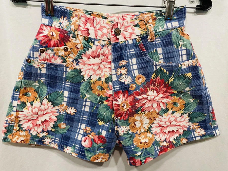 Vtg 80s MICHAEL Denim High Waisted Jean Shorts Navy White Plaid BIG FLOWERS XS S - Image 2 of 4