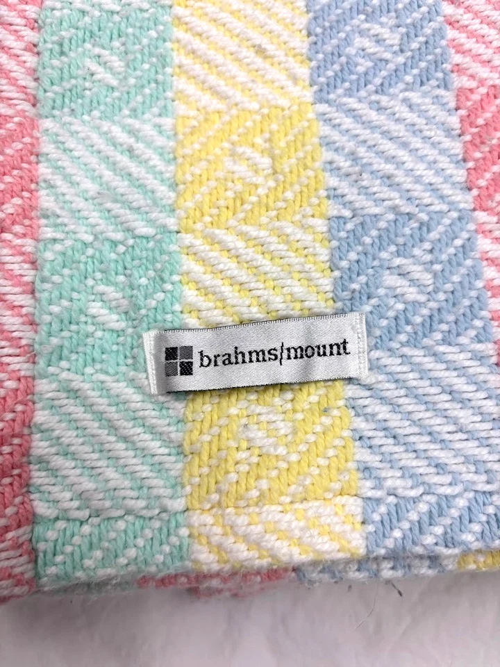 Brahms / Mount Baby Blanket Pastel Pink Blue Yellow Green Vtg Squares Cotton USA - Image 2 of 3