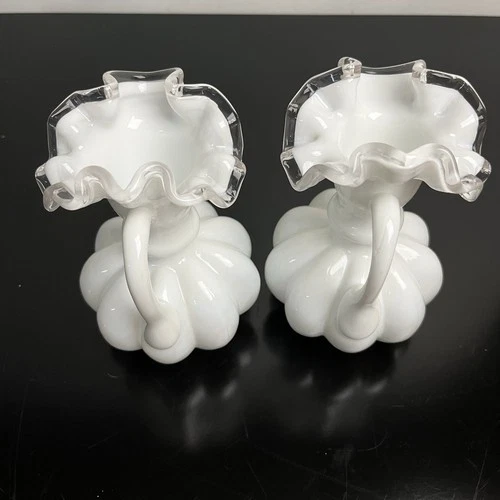 Set Of 2 Fenton Milk Glass Silver Crest Ruffled Edge Melon Pitchers c. 1942 Vtg