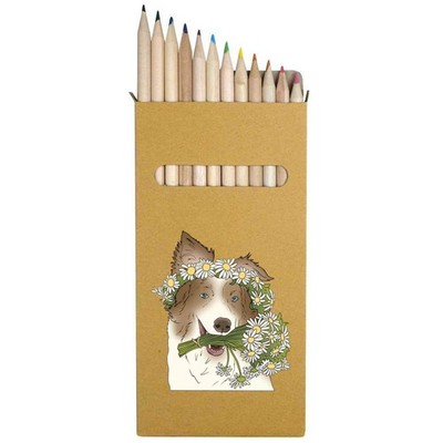 12 x 'Hund mit Gänseblümchen Blumen' lange Farbstifte (PE00078675)