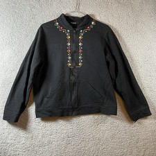 Onque Casuals Black Multicolor Embroidered Full Zip Hoodie Sweatshirt Women's M