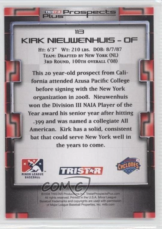 2008 TRISTAR Prospects Plus Yellow /25 Kirk Nieuwenhuis #113 - Image 2 of 2