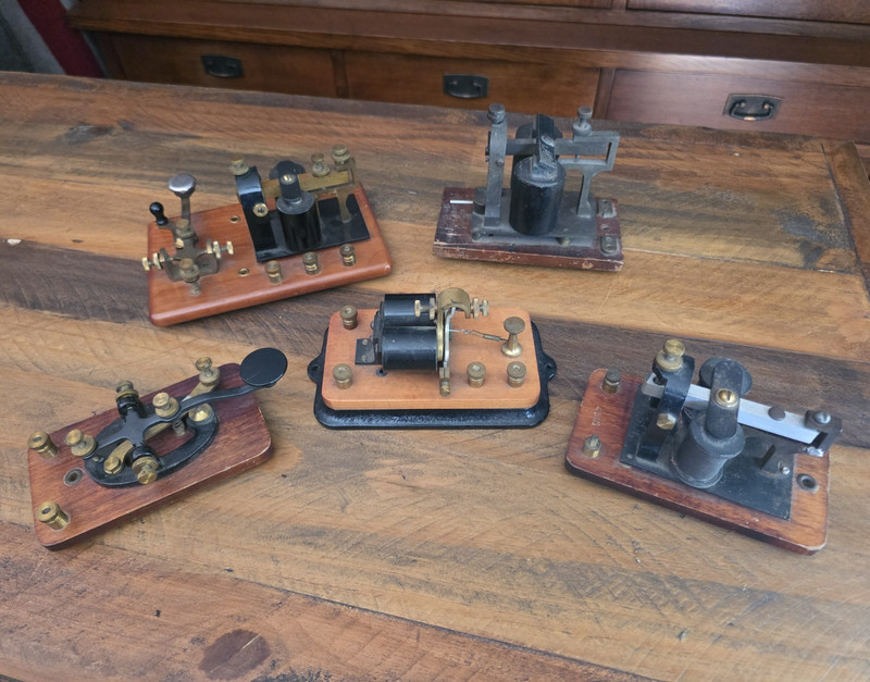 Antique Telegraph set on Wood / Metal Base. Lot of 5 Pieces RARE !