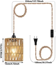 Boho Plug in Pendant Light Hanging Light with Plug in Cord Ceiling Lamp Rattan