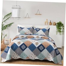 Reversible Patchwork Quilt Bedding Set Size Green Grey Plaid Floral Queen Blue