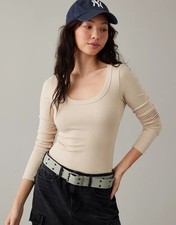American Eagle Bodysuit Women's XL Knit Fabric Scoop Neck Long Sleeves Color Tan