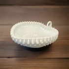 Vintage Fenton Milk Glass Hobnail Ruffle Edge Loop Handle Heart Shape Candy Dish